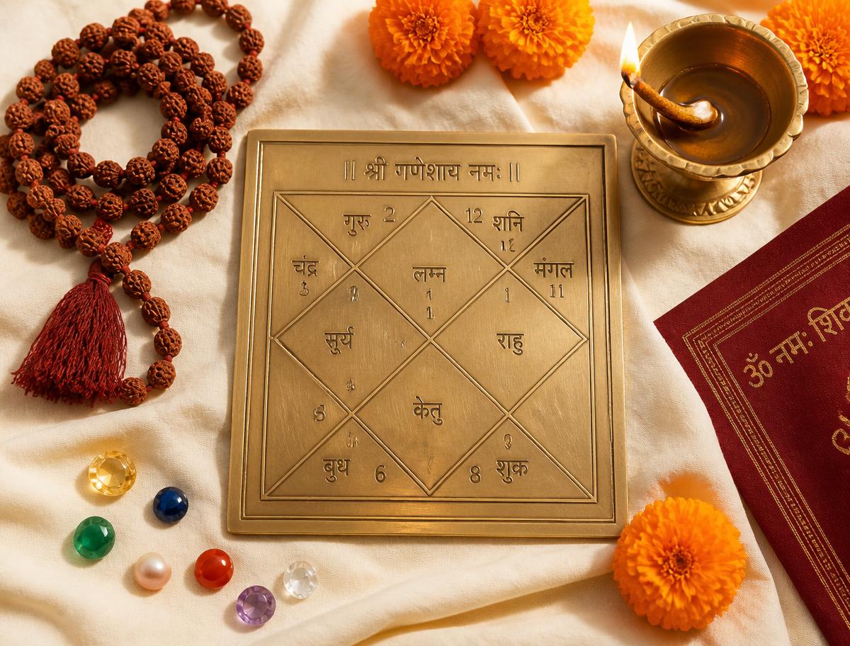 Brass kundli chart, rudraksha mala and diyas arranged on dark silk